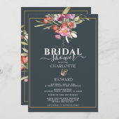 ダスキーブルー、ピンクの花モチーフ ゴールドのウェディングシャワー   招待状 (正面/裏面)