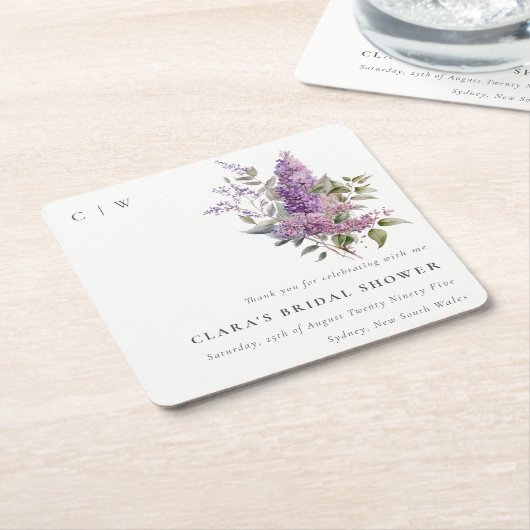 ダスキー薄紫ウォーターカラーコテージフローラブライダルシャワー スクエアペーパーコースター (アングル)