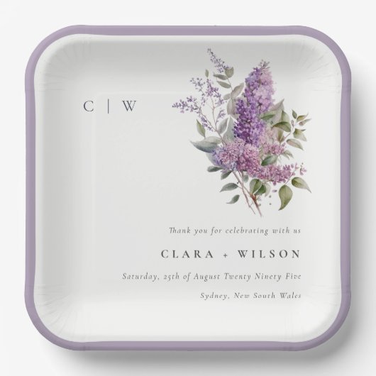 ダスキー薄紫水彩コテージフローラ結婚ズ ペーパープレート (正面)