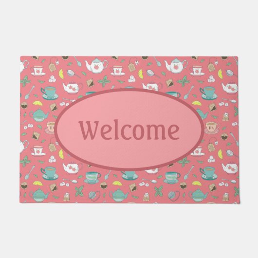 ダスクかわいらしキピンクティーカップティーショップウェルカム ドアマット (正面)