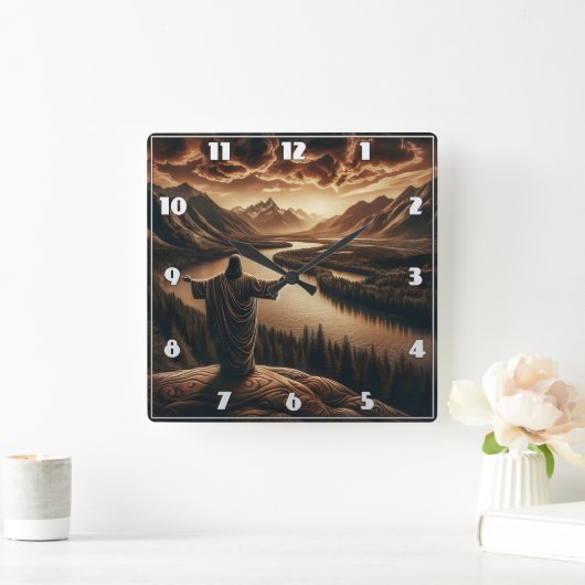 ダスクで穏やかな川渓谷を見下ろすイエス スクエア壁時計 (ホーム)