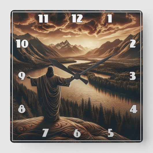 ダスクで穏やかな川渓谷を見下ろすイエス スクエア壁時計 (正面)