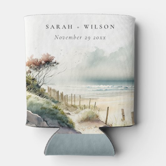 ダスクエレガントキーコースタルサンドビーチシースケープ結婚ズ 缶クーラー (裏面)