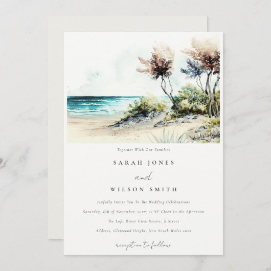 ダスクエレガントキーコースタルパームビーチシースケープ結婚ズ 招待状 (正面/裏面)