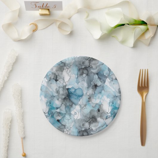 ダスクブルーグレーアルコール液体インクの渦巻き旋回 ペーパープレート (ウェディング)