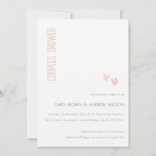 ダスクミニマルエレガントクハートカップルのシャワー 招待状 (正面)