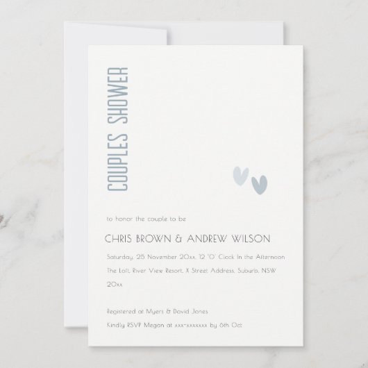 ダスクミニマルエレガントリのブルーハートカップルのシャワー 招待状 (正面)