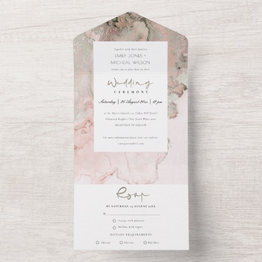 ダスクモダン赤面ピンクローズ金ゴールドアゲ結婚ートAL オールインワン招待状 (内側)