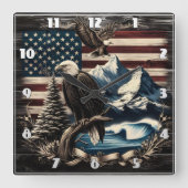 ダスク威厳のあるでアメリカの風景を越えた鷲 スクエア壁時計 (正面)