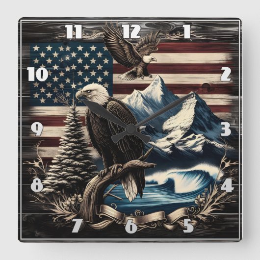 ダスク威厳のあるでアメリカの風景を越えた鷲 スクエア壁時計 (正面)