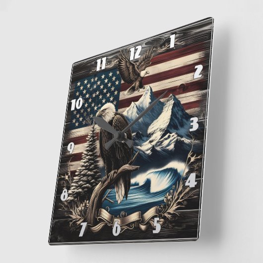 ダスク威厳のあるでアメリカの風景を越えた鷲 スクエア壁時計 (傾斜)