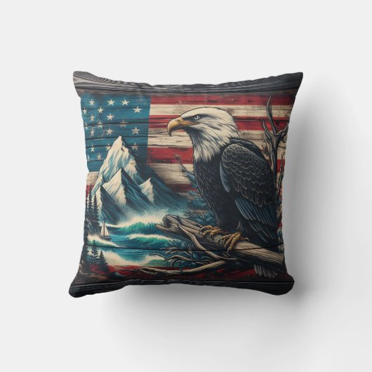 ダスク威厳のあるでマウンテンレイクに止まるイーグル クッション (裏面)