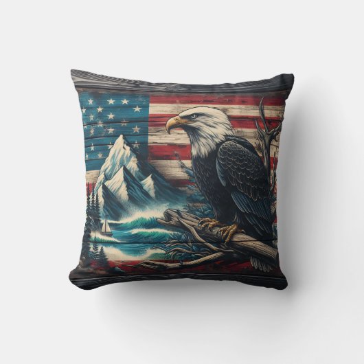 ダスク威厳のあるでマウンテンレイクに止まるイーグル クッション (正面)