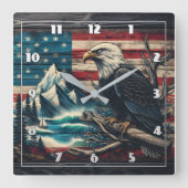 ダスク威厳のあるでマウンテンレイクに止まるイーグル スクエア壁時計 (正面)