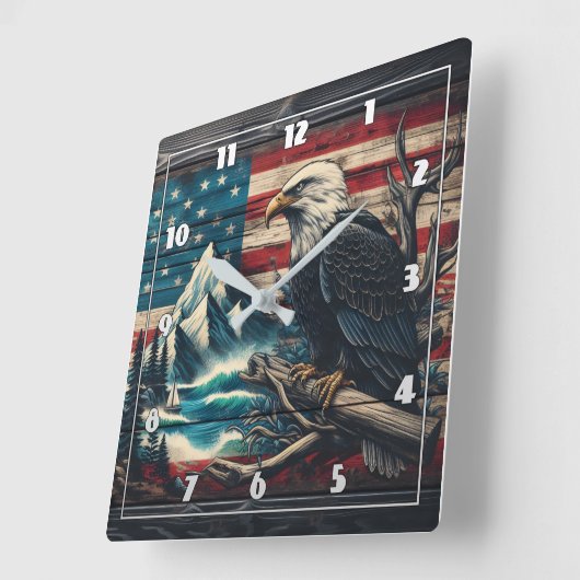 ダスク威厳のあるでマウンテンレイクに止まるイーグル スクエア壁時計 (傾斜)