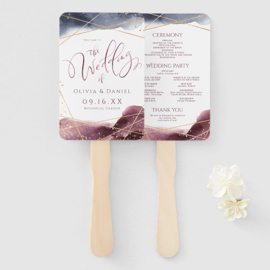 ダスク水彩幾何学的モダン結婚式 プログラム ハンドファン (正面&裏面)