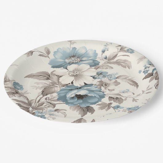 ダスティかわいらしブルー/ライトブラウンフローラ ペーパープレート (アングル)