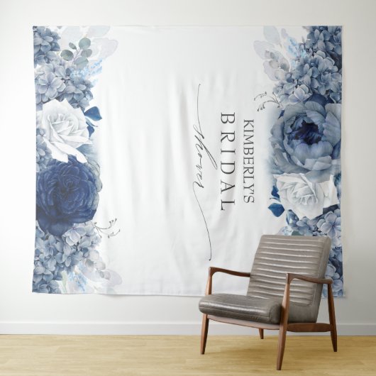 ダスティとネイビーブルーのフローラブライダル/ベビーシャワー タペストリー (インサイチュ(横))