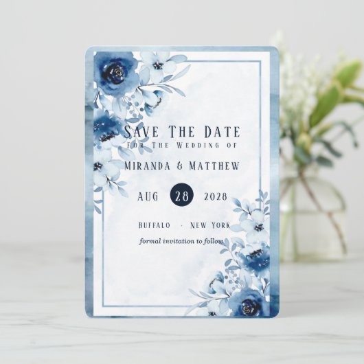 ダスティとネイビー絵を描ブルー牡丹は日付カードを保存 招待状 (スタンド正面)