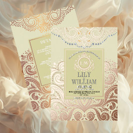 ダスティアイボリーローズクラシックゴールド結婚モノグラムボホ 箔招待状