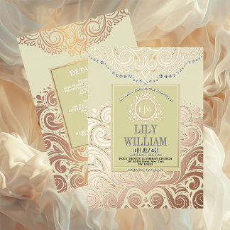 ダスティアイボリーローズクラシックゴールド結婚モノグラムボホ 箔招待状