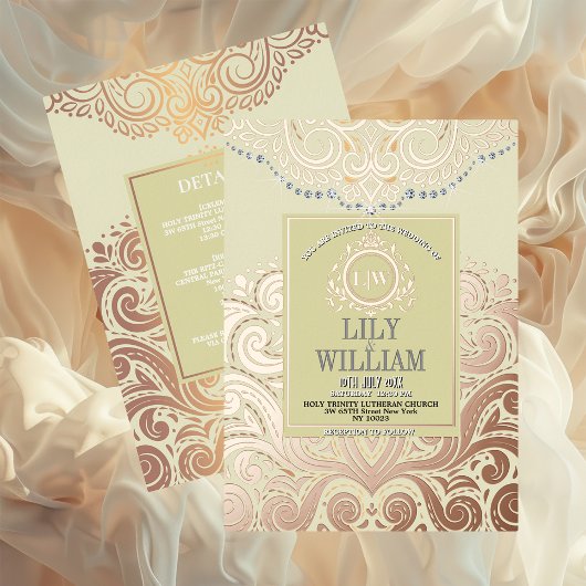 ダスティアイボリーローズクラシックゴールド結婚モノグラムボホ 箔招待状
