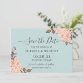 ダスティアクアブルー赤面フローラ結婚式日付を保存 招待状 (スタンド正面)