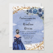 ダスティアンドネイビー金ゴールドガールキンセアニェラ誕生日 招待状 (正面)