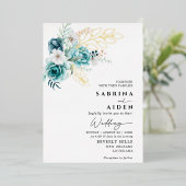 ダスティエメラルドグリーナリーホワイト結婚フローラ 箔招待状 (立ち正面)