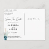 ダスティエメラルドグリーンフローラ結婚式の日付を保存 案内ポストカード (裏面)