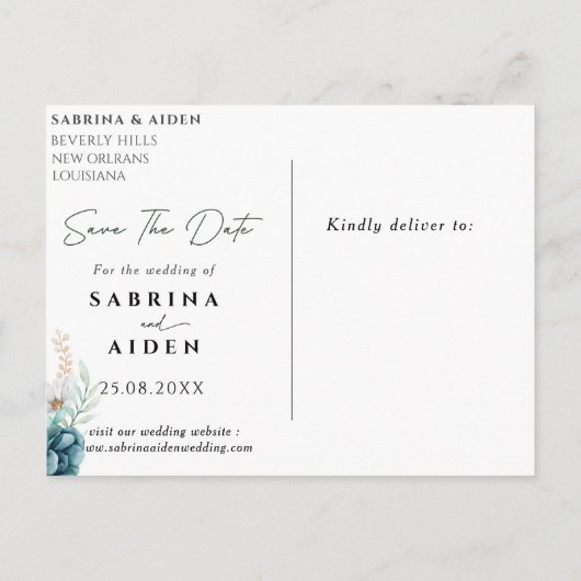 ダスティエメラルドグリーンフローラ結婚式の日付を保存 案内ポストカード (裏面)