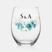 ダスティエメラルドグリーンホワイト結婚フローラ ステムなしワイングラス (正面)