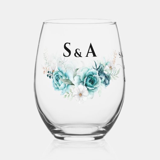 ダスティエメラルドグリーンホワイト結婚フローラ ステムなしワイングラス (正面)