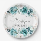 ダスティエメラルドグリーンホワイト結婚フローラ ペーパープレート (正面)