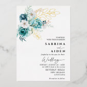 ダスティエメラルドグリーン+ホワイトフラワーの結婚式 箔招待状 (正面)