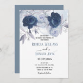 ダスティエレガントアンドネイビーブルーフローラバラ結婚ズ 招待状 (正面/裏面)