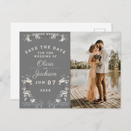 ダスティエレガントグレイ&ホワイトのフローラ日付を保存 ポストカード (正面/裏面)