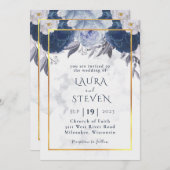 ダスティエレガントグレーブルーフローラ結婚式招待状 招待状 (正面/裏面)