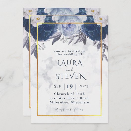 ダスティエレガントグレーブルーフローラ結婚式招待状 招待状 (正面/裏面)