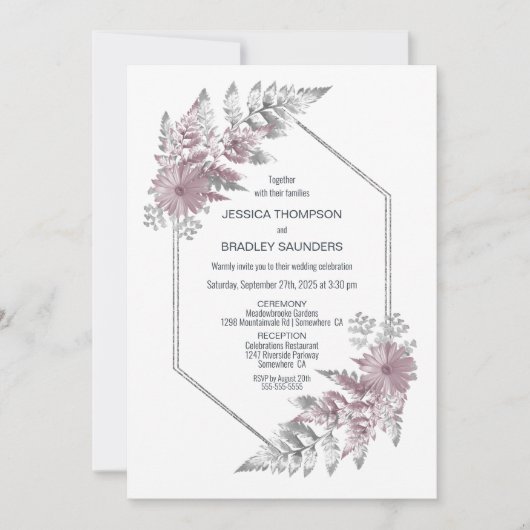 ダスティエレガントバラグレーボタニカル結婚ズ 招待状 (正面)