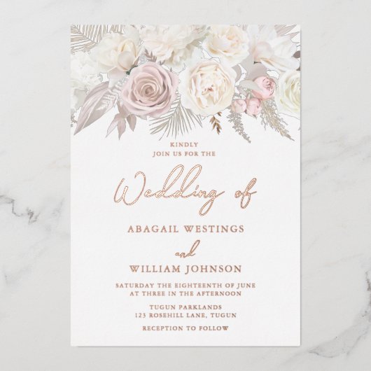 ダスティエレガントバラ金ゴールドアイボリーホワイトフローラ結婚ズ 箔招待状 (正面)