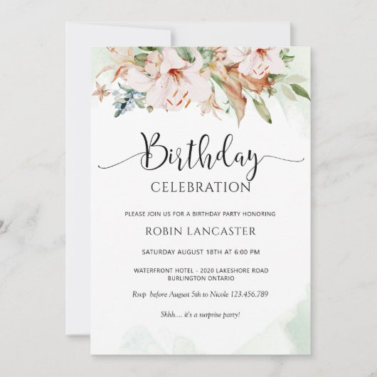  ダスティエレガントバラ&グリーンフローラ誕生日 招待状 (正面)