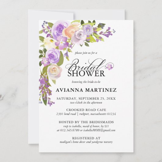 ダスティエレガントパープルフローラブライダルシャワー 招待状 (正面)