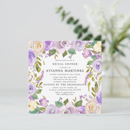 ダスティエレガントパープルホワイトフローラブライダルシャワー 招待状 (スタンド正面)