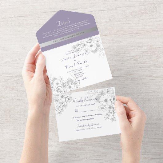 ダスティエレガントパープル結婚ズ オールインワン招待状 (貼ってはがせる)