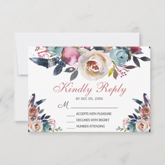 ダスティエレガントピンクピーチブルーフローラウェディングRSVP 出欠カード (正面)