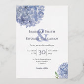ダスティエレガントブルーアジサイフローラブーケツフォイル 箔招待状 (正面)