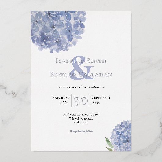 ダスティエレガントブルーアジサイフローラブーケツフォイル 箔招待状 (正面)