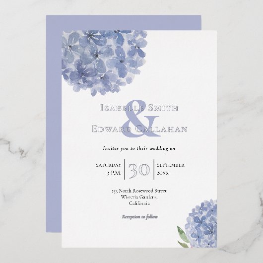 ダスティエレガントブルーアジサイフローラブーケツフォイル 箔招待状 (正面/裏面)