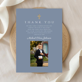 ダスティエレガントブルーカトリック少年ファースト聖餐式 サンキューカード
